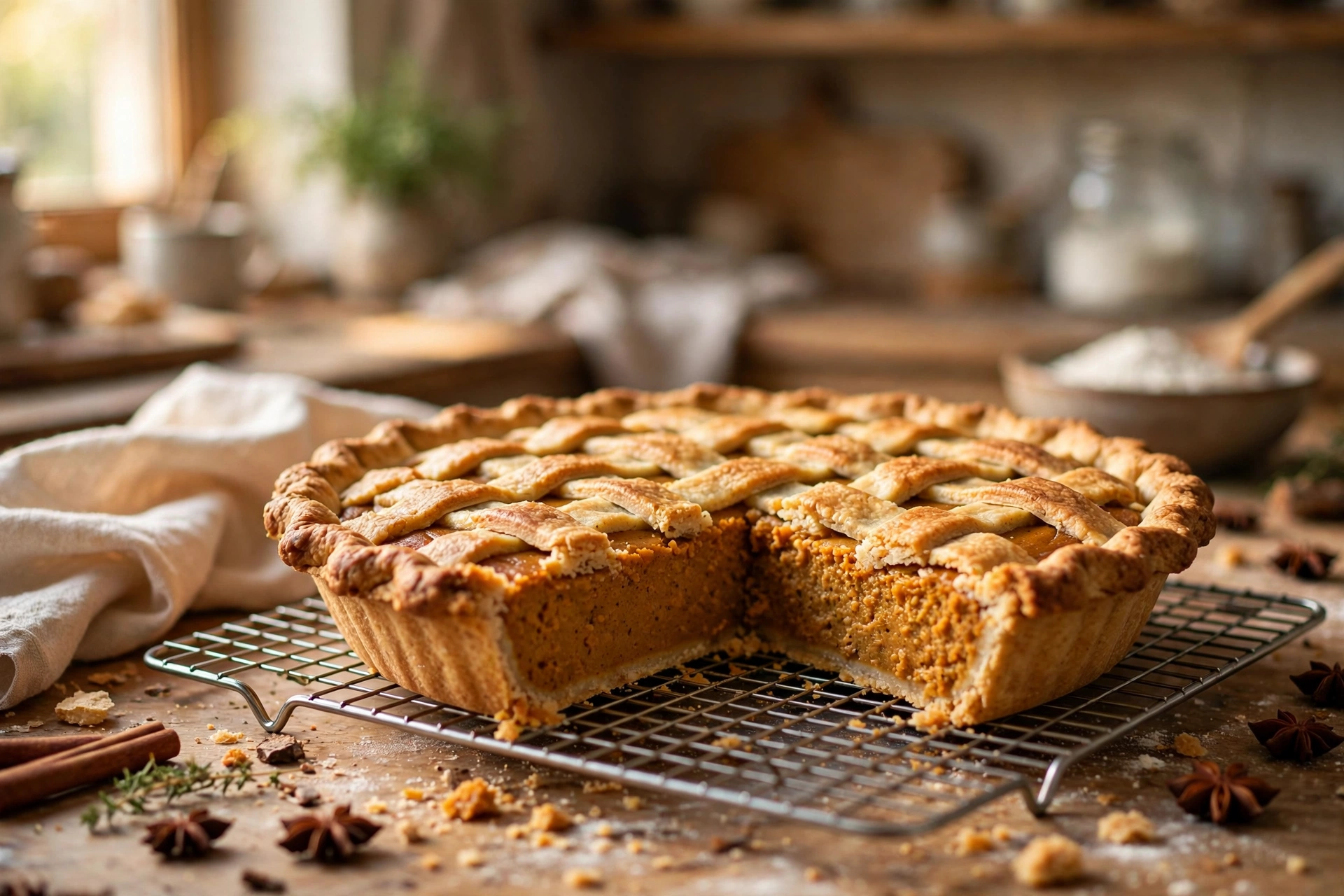 Homemade pumpkin pie Homemade pumpkin pie with one slice cut on a cooling rack