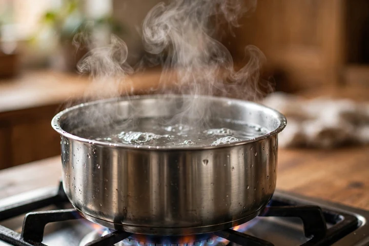 A steaming pot of water simmering on the stove, releasing moisture into the room air