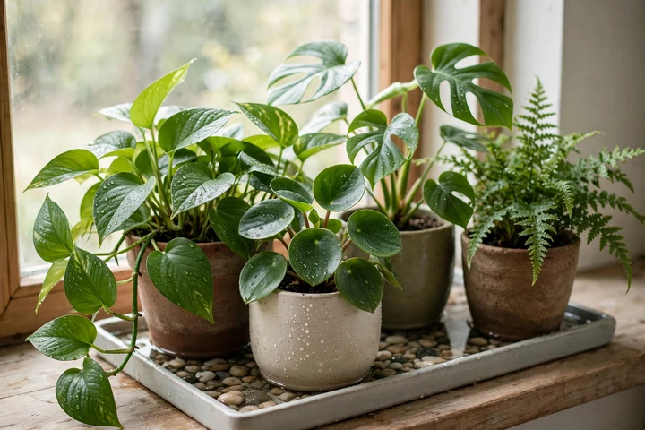 A cluster of leafy houseplants in pots, gently releasing moisture into the room air