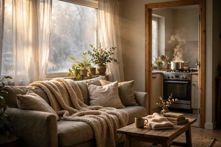 Sunlit window nook with houseplants, which release gentle moisture into the room air
