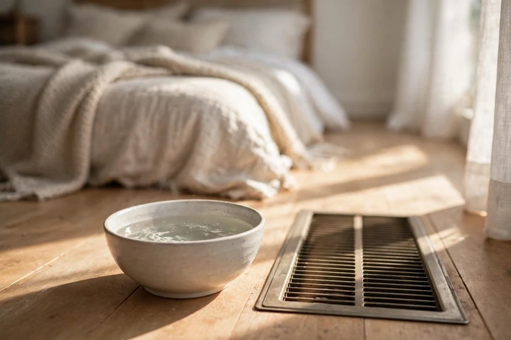 A comfortable bedroom with a neatly made bed, ideal as the single closed room to focus humidifying efforts on