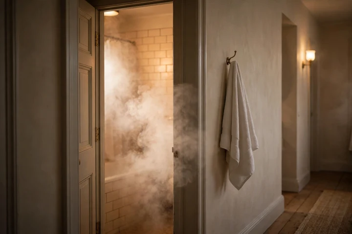 Steam rising in a bathroom doorway after a hot shower, spilling warm moist air into the room