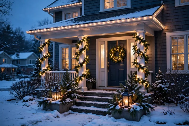 House with roofline lights and porch garland — outdoor christmas decorations 2026