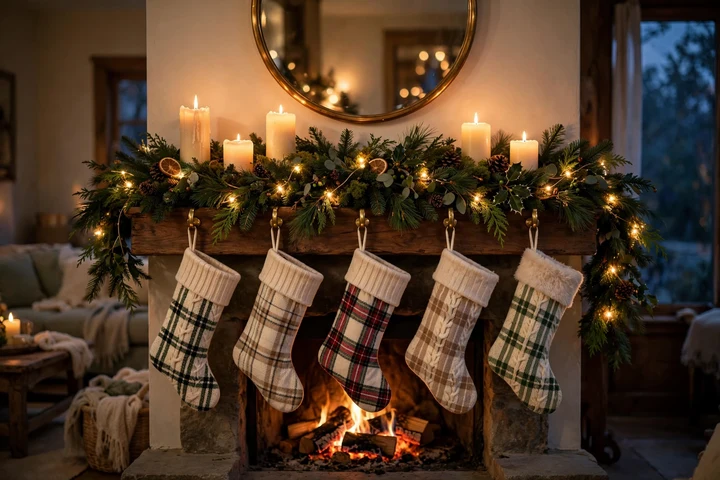 Christmas mantel with garland and stockings — christmas mantel decor 2026