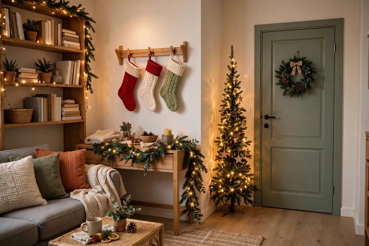 Small apartment living room with Christmas decor — small space christmas decor 2026