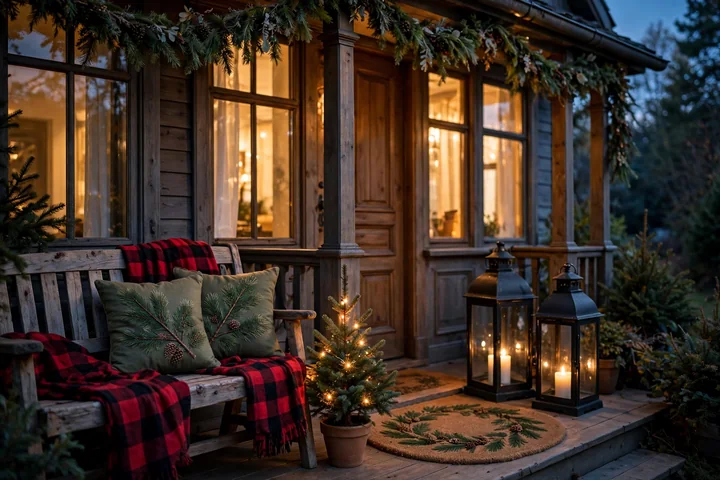 Festive front porch with lanterns and blankets — outdoor christmas decorations