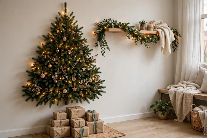 Wall-mounted half Christmas tree in studio — small space christmas decor