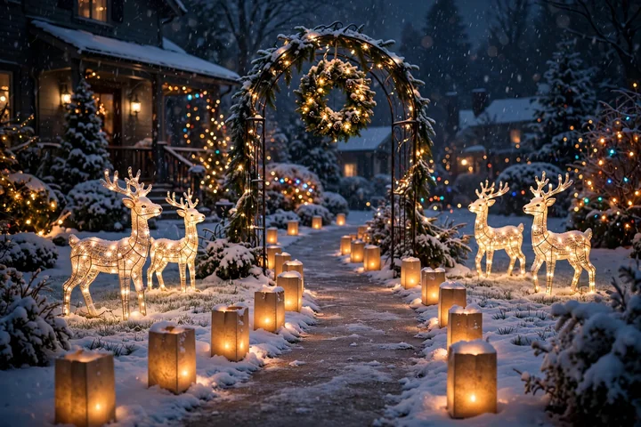 Front yard with luminaries and lit reindeer — outdoor christmas decorations 2026