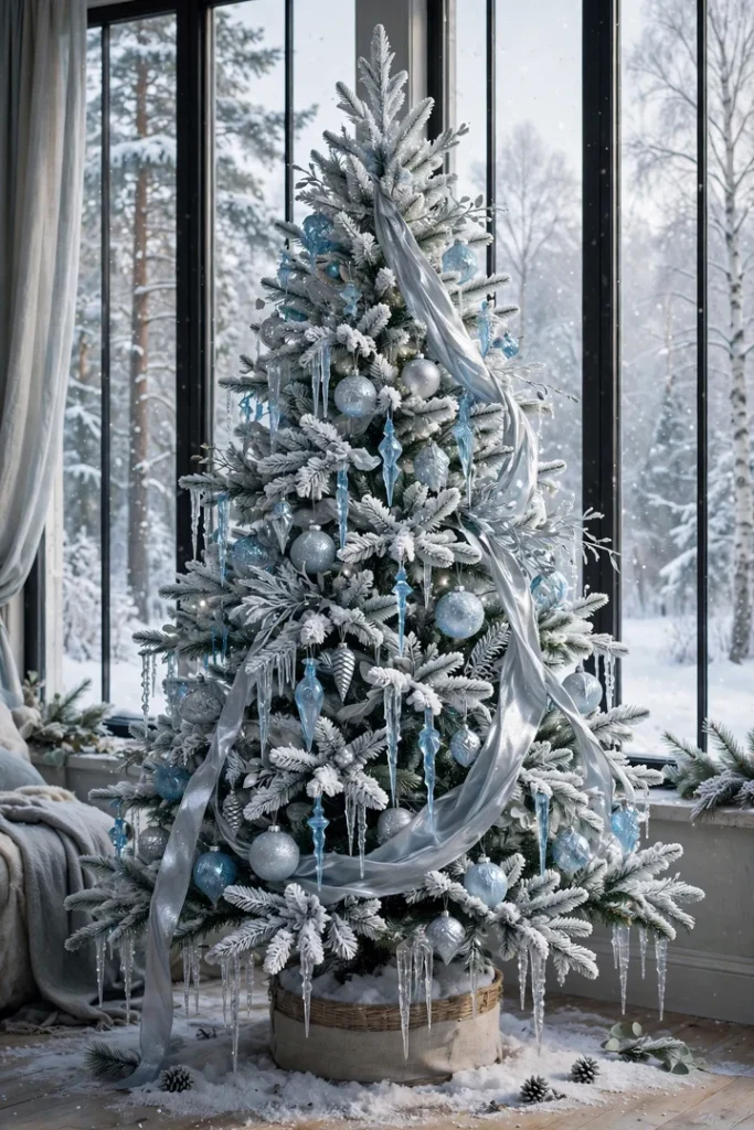 Flocked white Christmas tree with blue and silver ornaments — christmas tree ideas