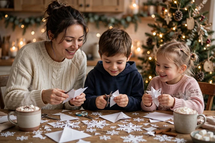 Family making paper snowflake decorations — diy christmas decorations