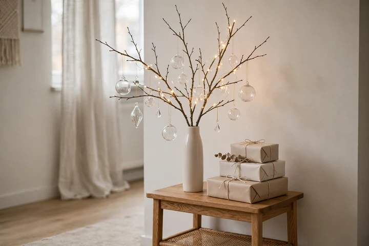 Minimalist branch Christmas tree in vase — small space christmas decor