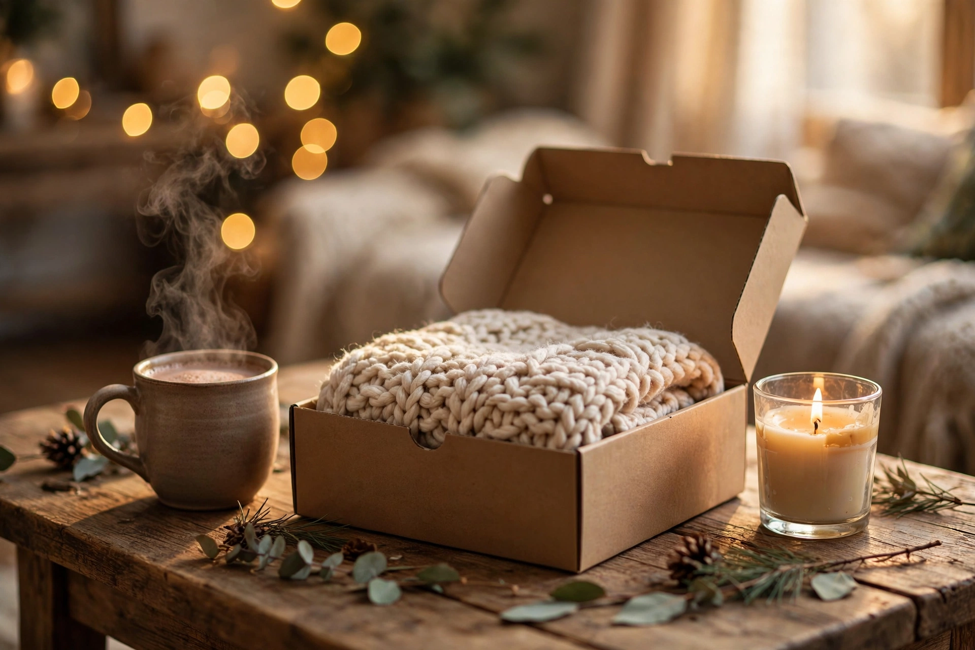 Cozy Christmas gift ideas for her including a knit blanket and candle