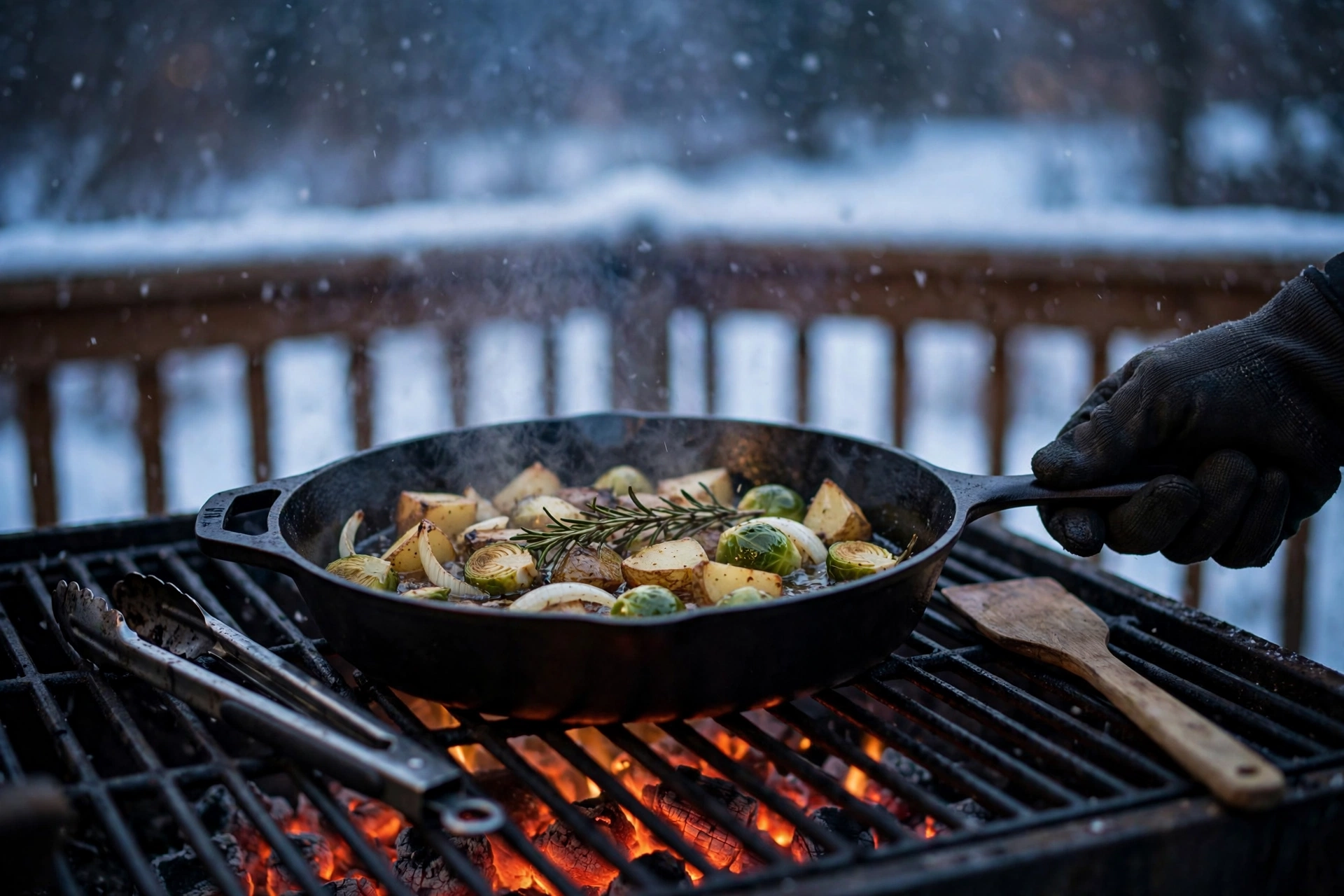 A cast-iron skillet sizzling on a backyard grill at dusk — a top Christmas gift for him if he loves to cook outdoors.