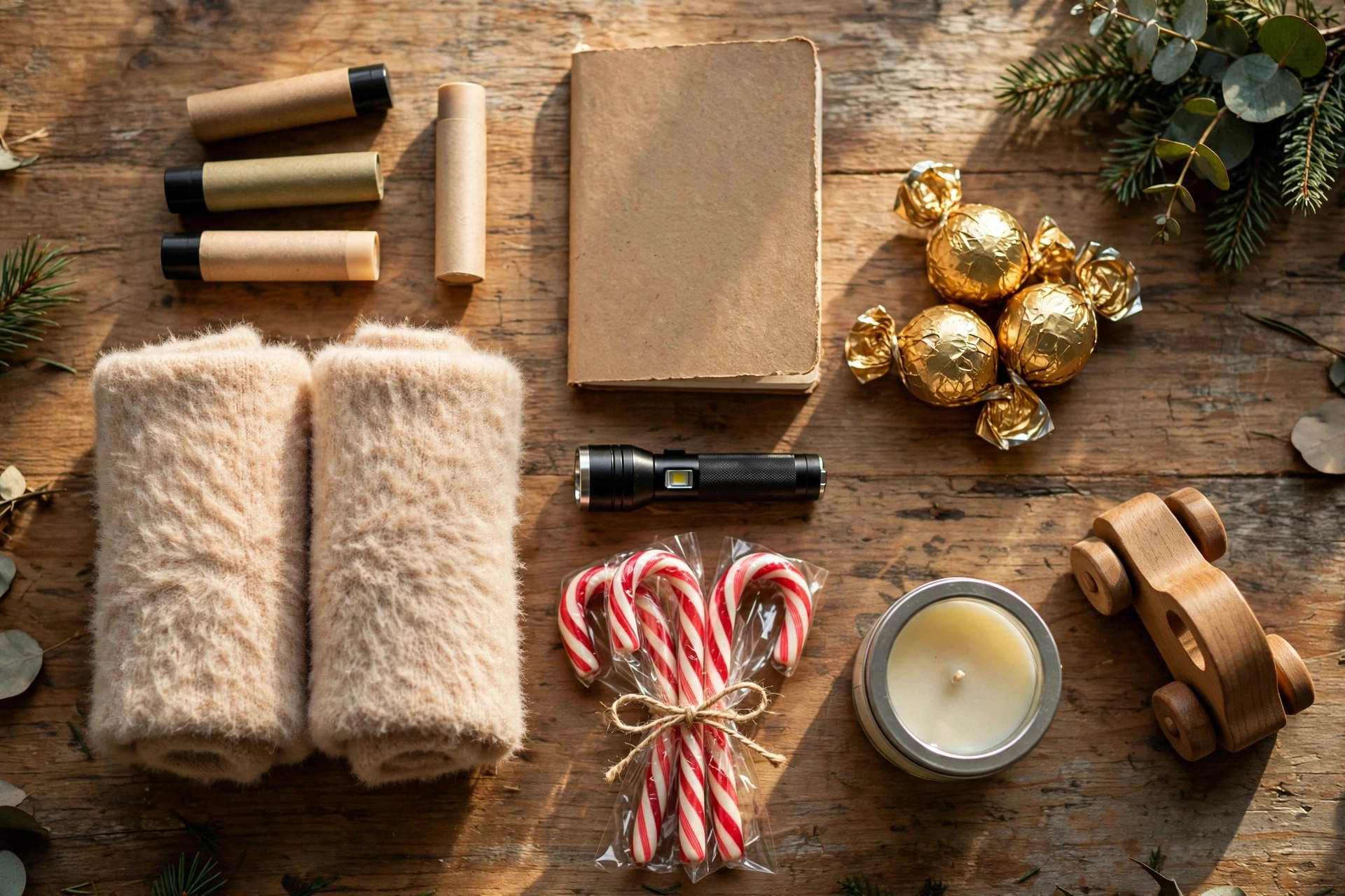 Assortment of small affordable stocking stuffer ideas arranged on a wooden table
