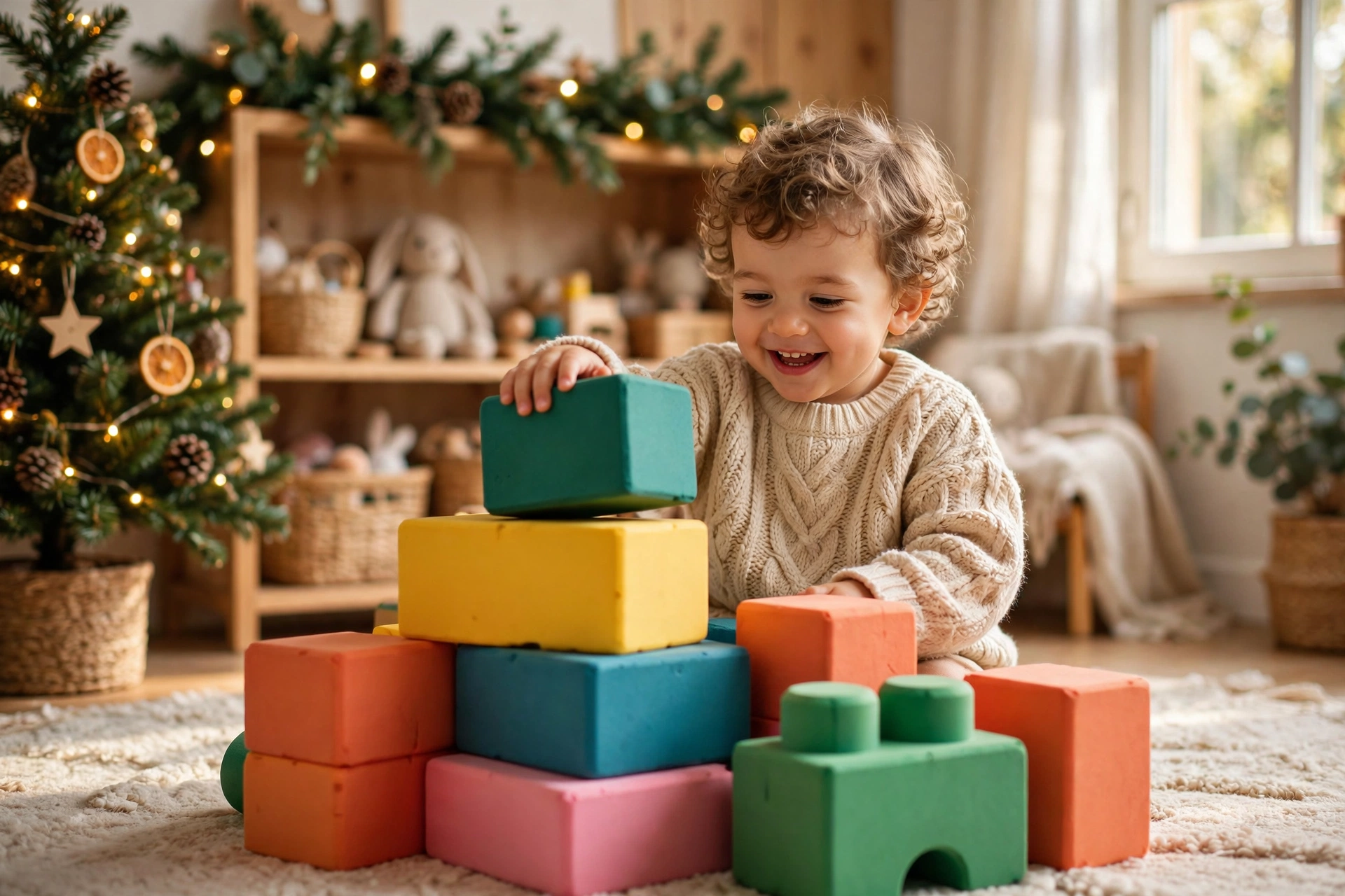 Toddler playing with large building blocks — safe Christmas gifts for kids ages 1 to 3