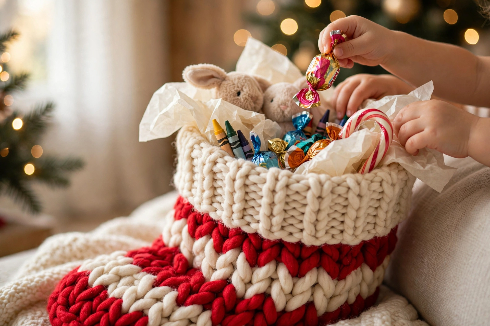 Child's hands pulling small gifts from a knitted Christmas stocking