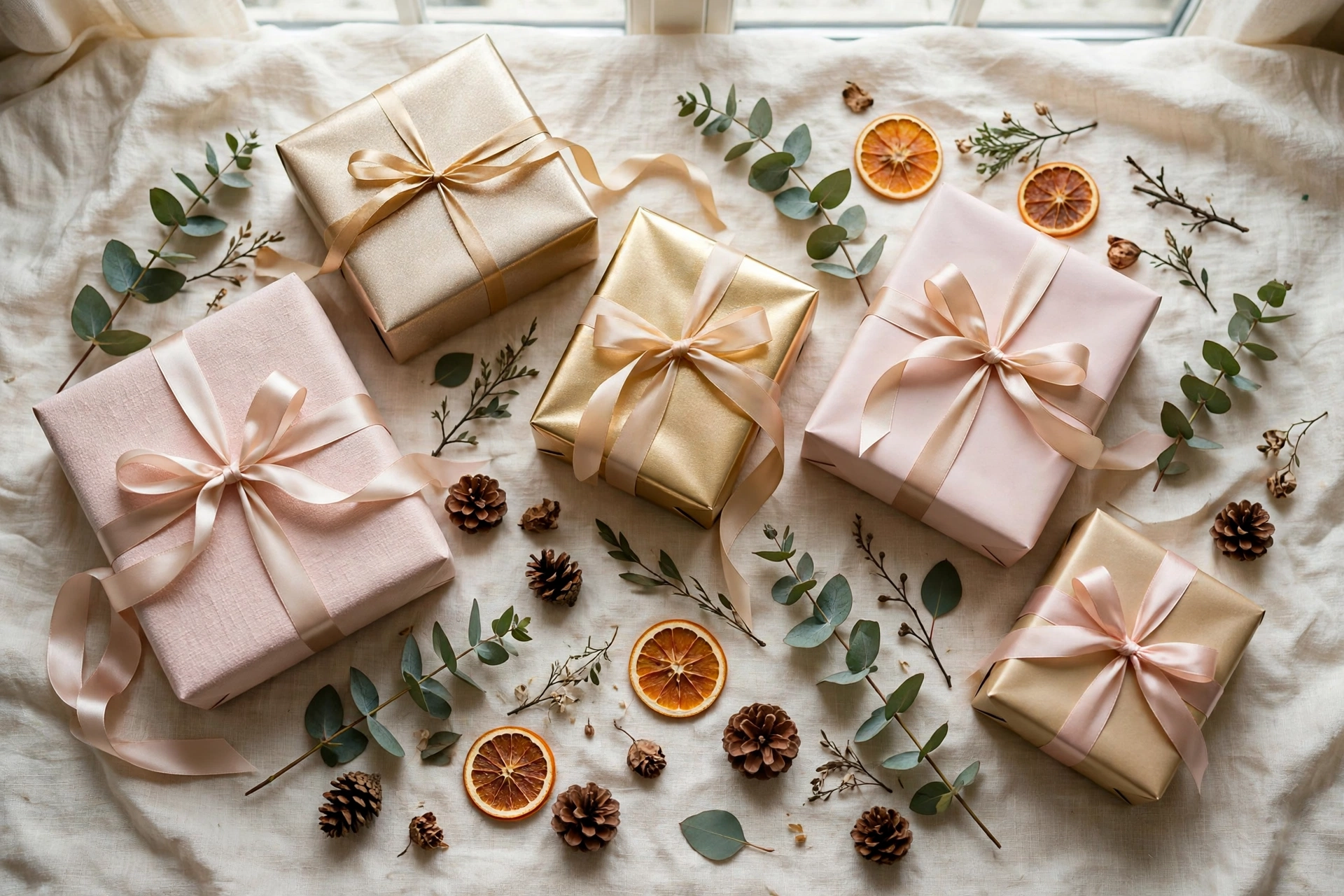Gift wrapping inspiration for Christmas gifts for her in pink and gold tones