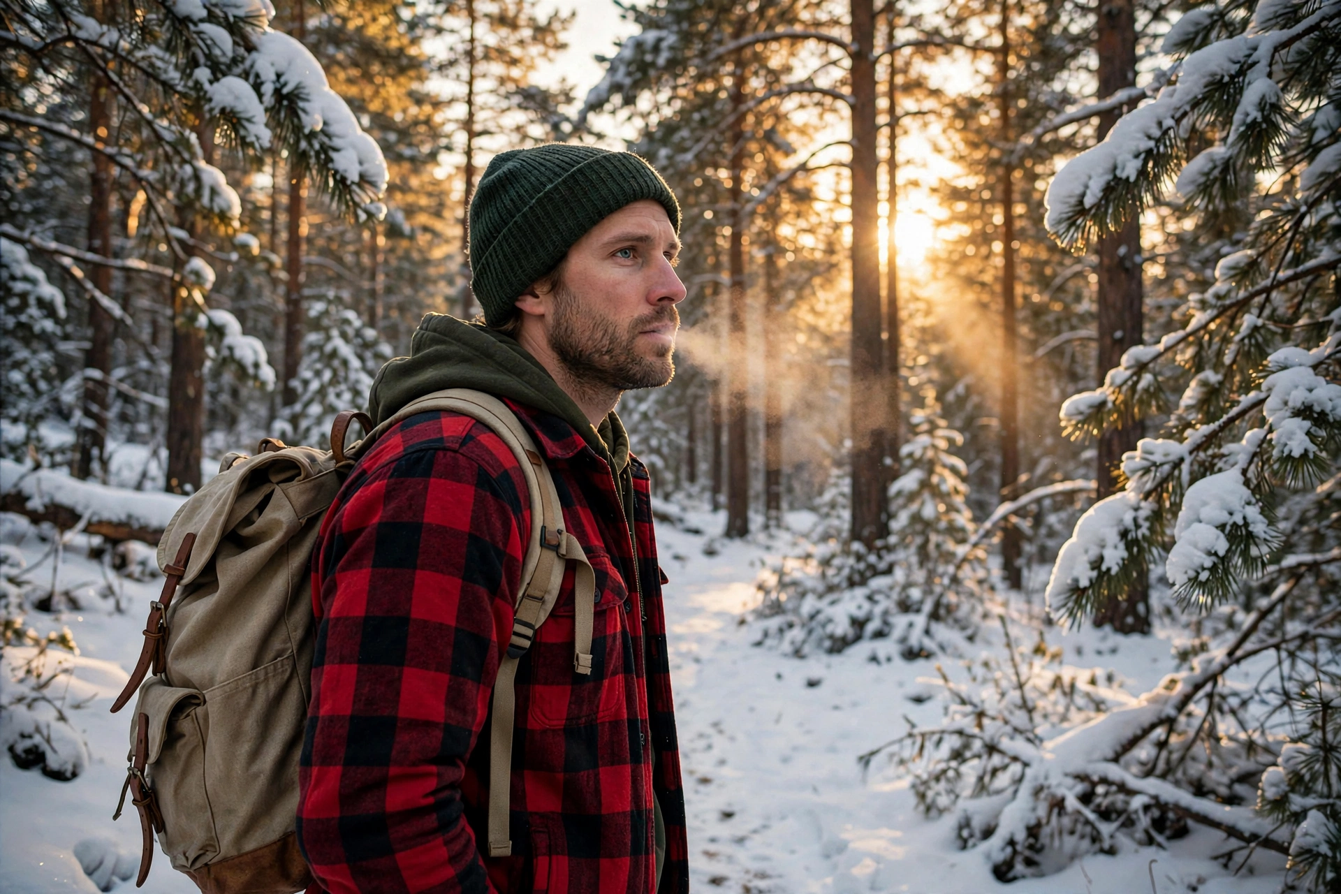 A man hiking a snowy forest trail at golden hour — outdoor Christmas gifts for him like this gear never miss.