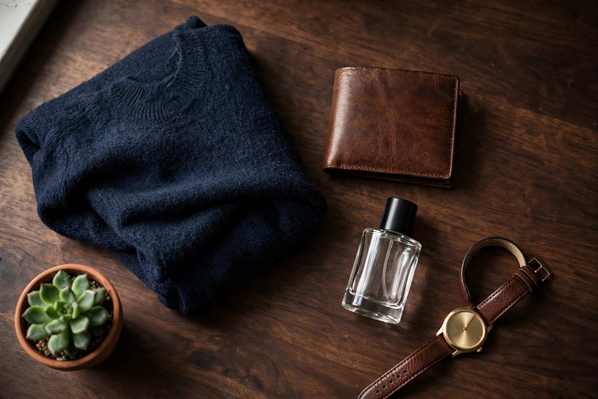A flat lay of classic Christmas gifts for him — a sweater, wallet, cologne, and watch on a walnut desk.