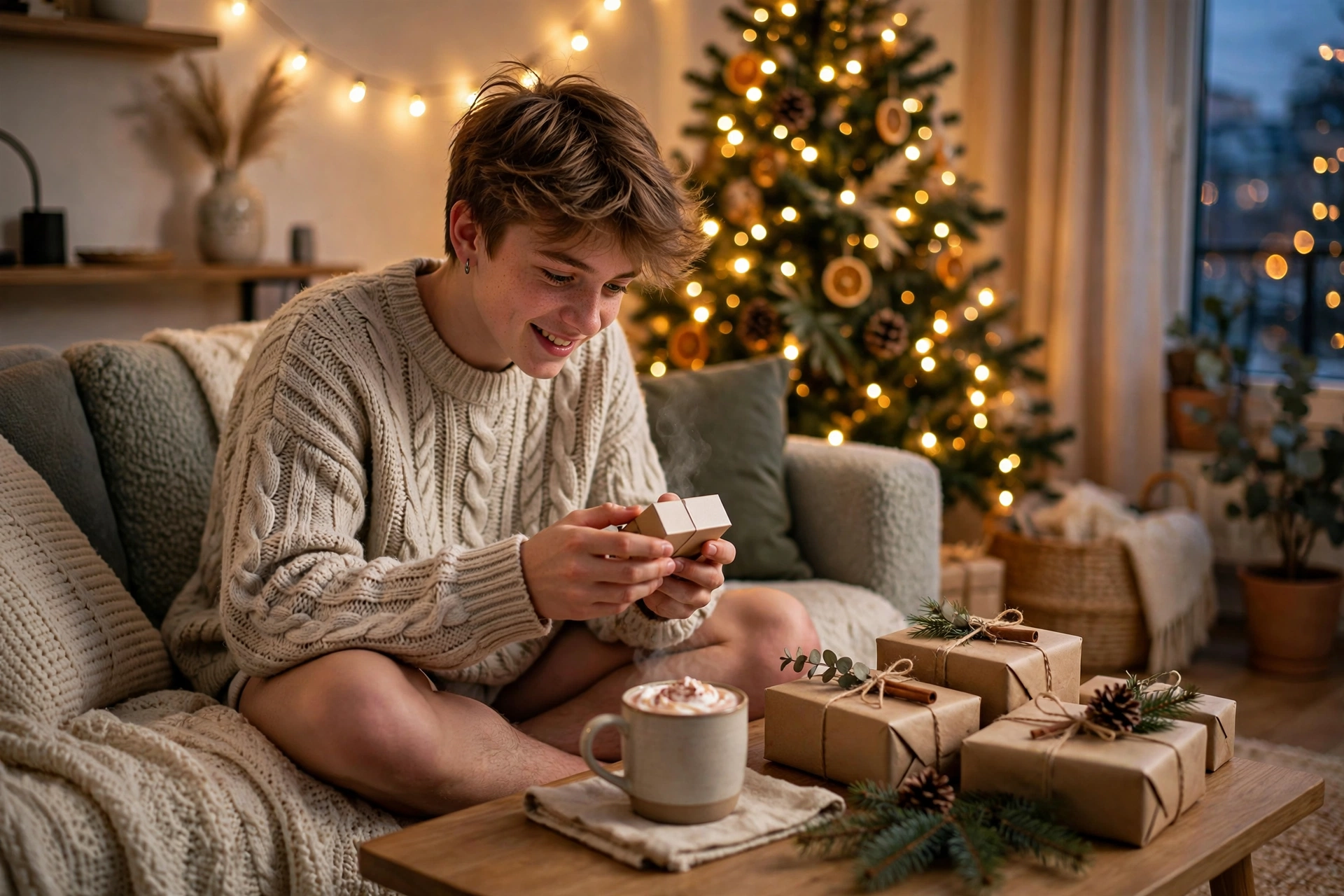 Teen opening a gift by the Christmas tree — Christmas gifts for kids ages 13 and up