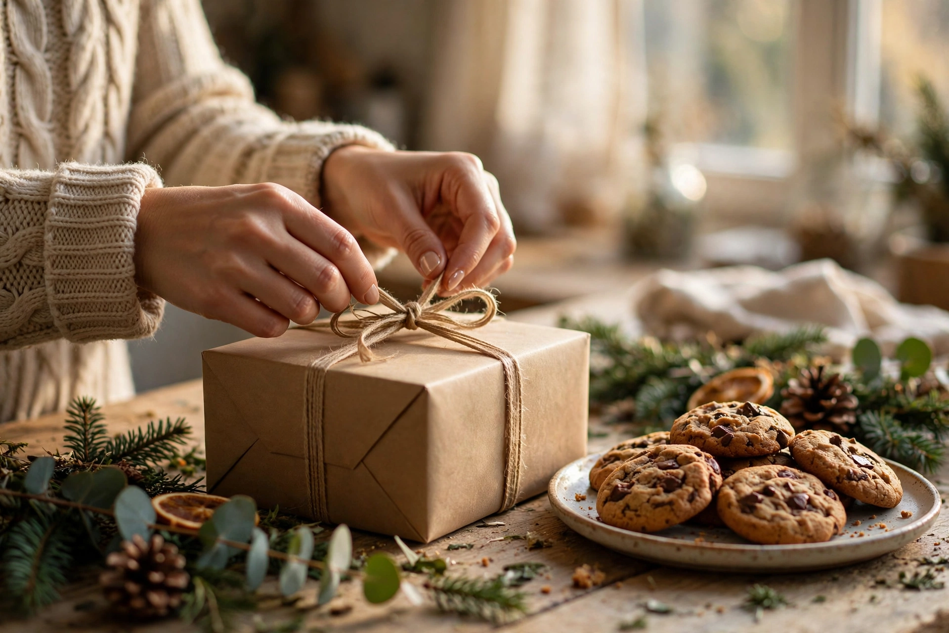 Hand-wrapping a thoughtful Christmas gift for her at home