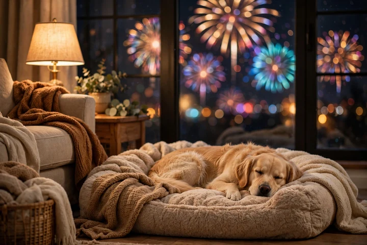 Golden retriever resting calmly on a dog bed with colourful fireworks bokeh glowing through the window behind it