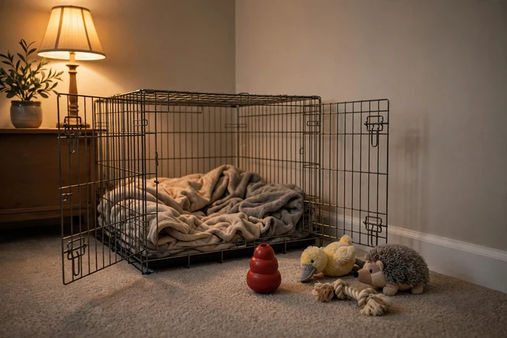 Dog safe room setup: open wire crate with soft blankets, a warm lamp, and toys nearby
