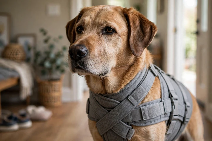Labrador wearing a snug anxiety pressure wrap vest