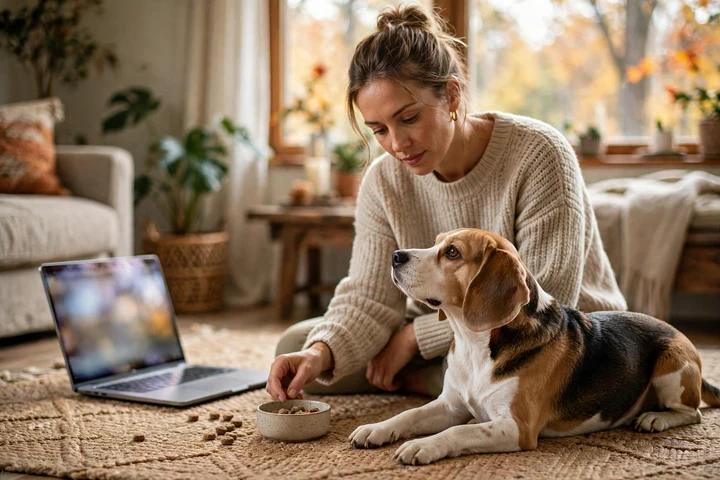 Woman doing a firework-sound desensitization training session with her beagle, with treats and a laptop