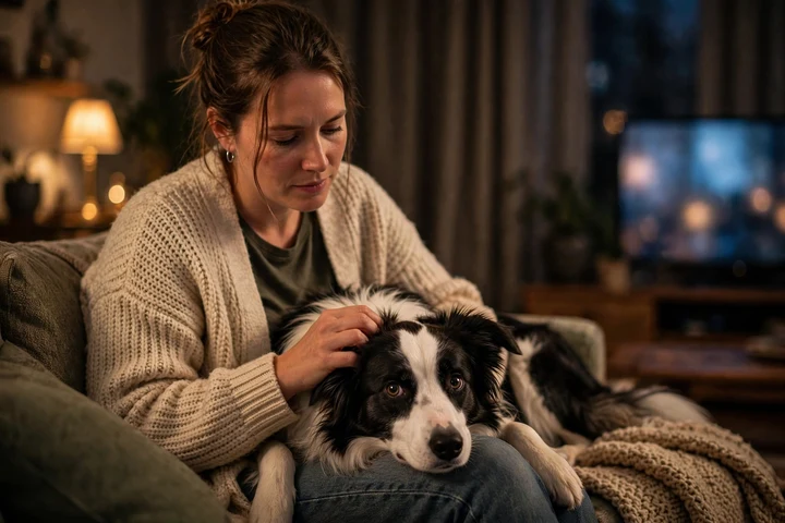 Owner calmly comforting a border collie on the couch