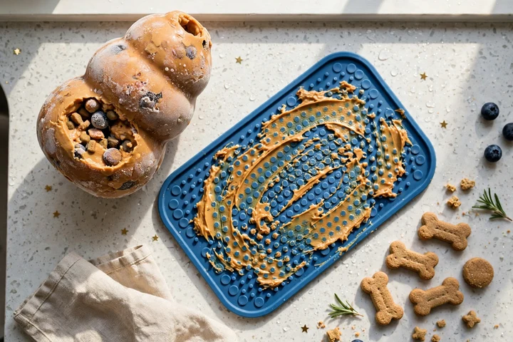 Frozen Kong toy and a blue lick mat being prepared with peanut butter and treats