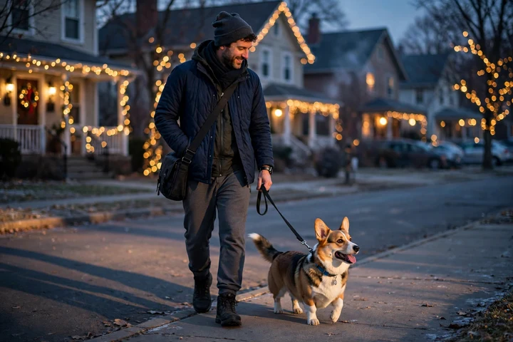 Owner walking a corgi at dusk past houses decorated with holiday lights