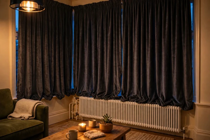 Dark thermal curtains drawn over a window at night, keeping warmth inside the room