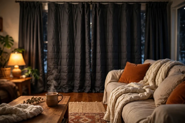 Dark heavy curtains closed over a living-room window, with a couch beside the window