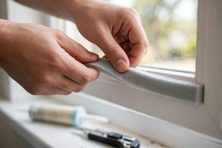 Hands applying foam weatherstripping to a window frame to seal out draughts