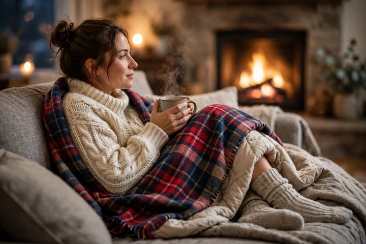 A woman wrapped in a warm blanket holding a steaming mug beside a glowing fireplace
