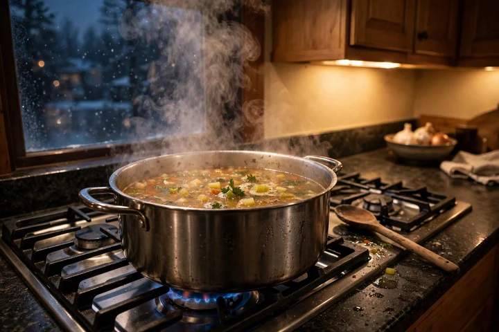 A pot of soup simmering on the stove, filling the kitchen with warm steam