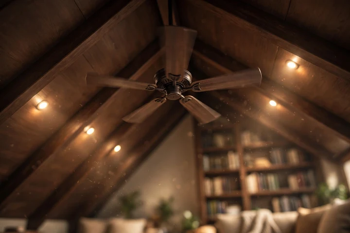 A ceiling fan with warm lights circulating air in a high-ceilinged room