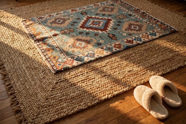 A patterned area rug with a pair of slippers resting beside it on the floor
