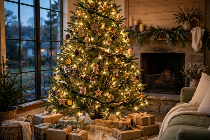 Christmas tree decorated with golden fairy lights glowing at night