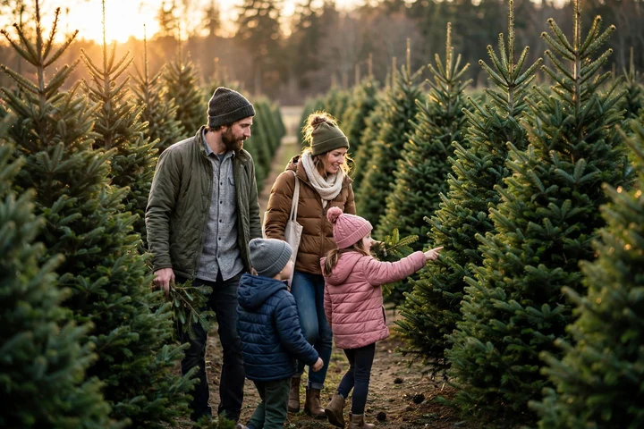 Family choosing a Christmas tree at a tree farm lot at golden hour — how to keep a real Christmas tree fresh longer