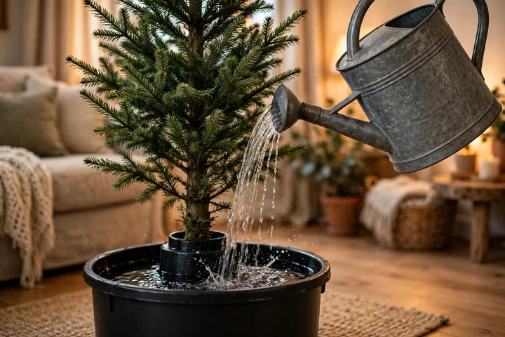 Pouring water into a Christmas tree stand reservoir with a watering can