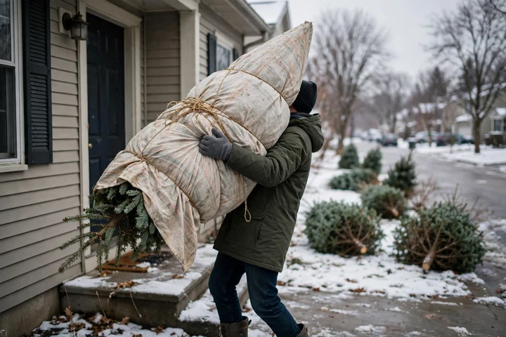 Person carrying a netted Christmas tree away after the holidays