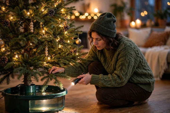 Woman checking the water level in a Christmas tree stand with a flashlight, beside a decorated tree with warm lights