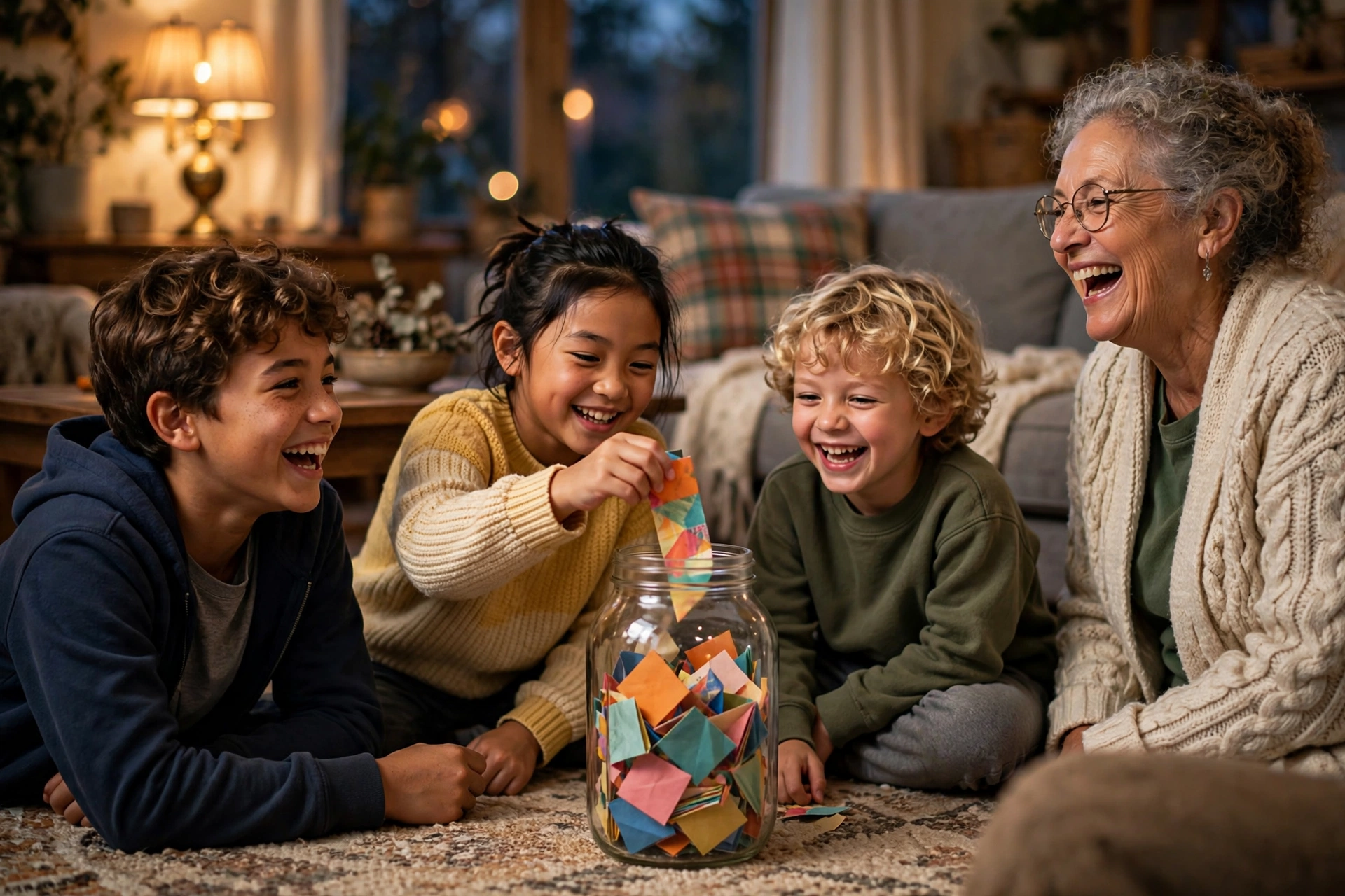Happy family with grandmother and three kids playing a gratitude jar game together in a cozy living room