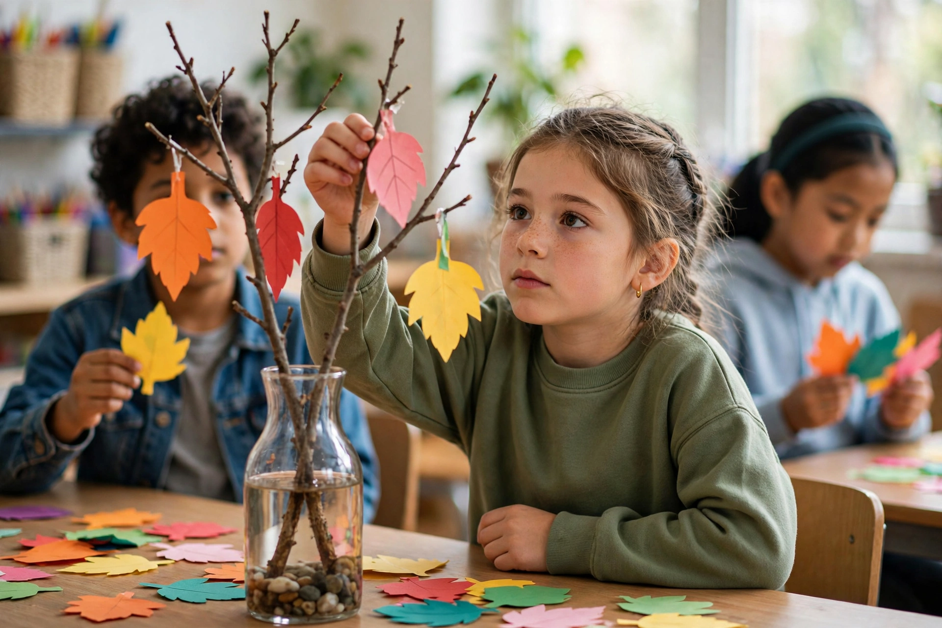 Children adding paper leaves to a classroom gratitude tree thanksgiving classroom activity