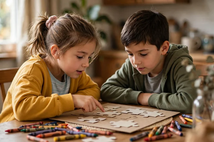 Two kids working together on puzzle-style Thanksgiving worksheets with crayons