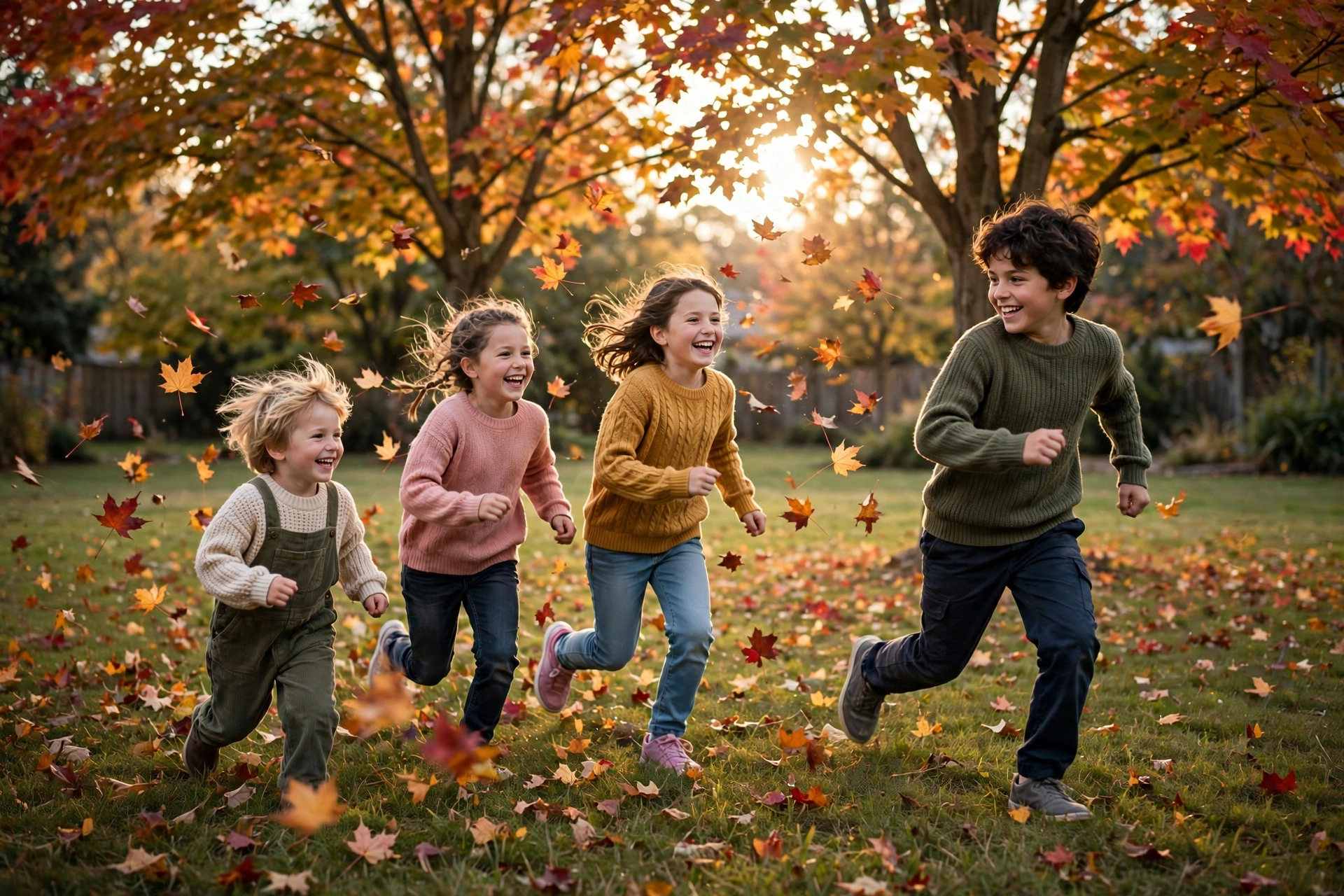 Children playing tag in a backyard with autumn foliage and falling leaves