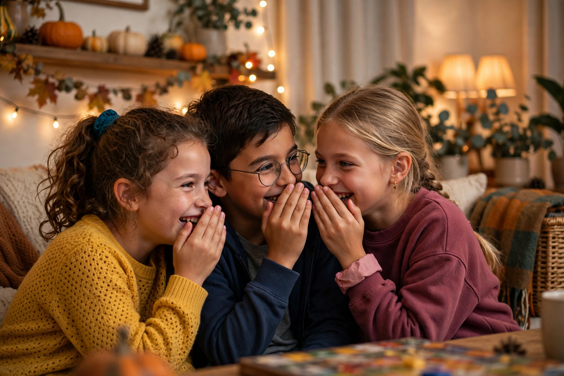 Kids team huddling together to whisper an answer during family trivia game night