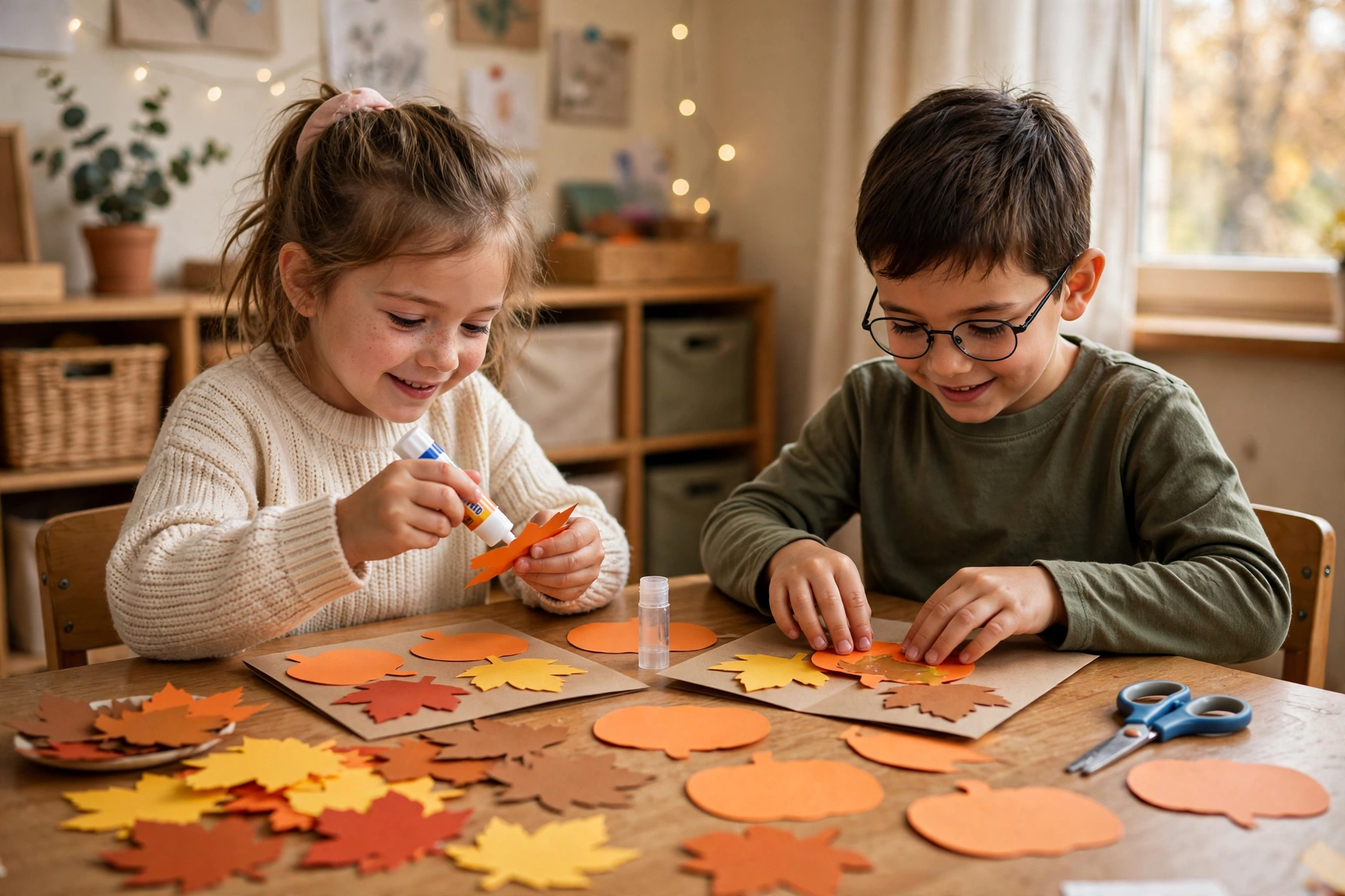 Children making Thanksgiving leaf crafts at a table, inspired by these Thanksgiving facts for kids